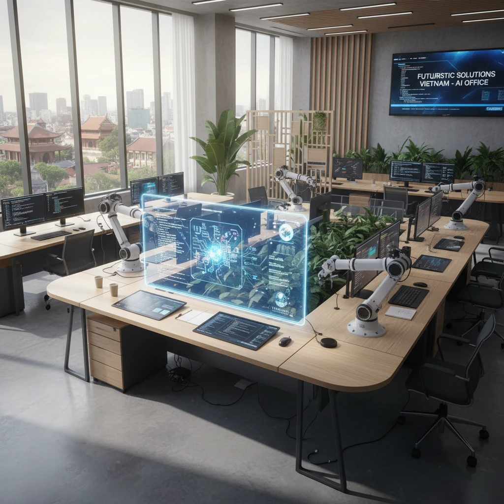 AI hệ thống tiên tiến trong văn phòng bận rộn tại Việt Nam.