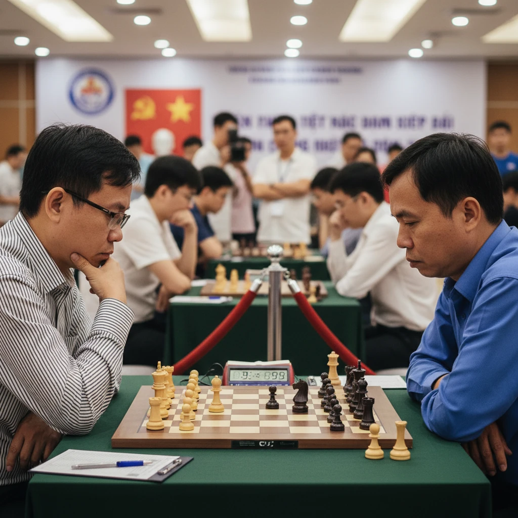 Bàn cờ vua với các kỳ thủ đang suy tính chiến thuật