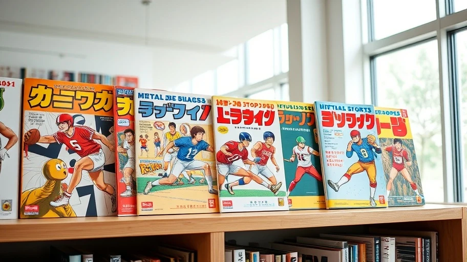 Bìa các manga thể thao nổi tiếng trên giá sách.