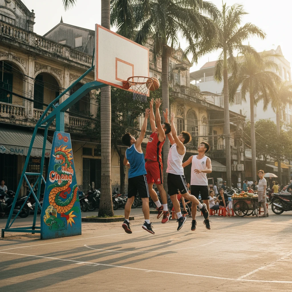 Cầu thủ bóng rổ thi đấu sôi động trên sân