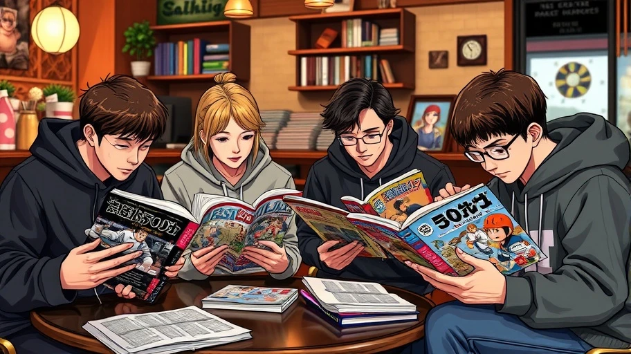 Độc giả đang đọc manga thể thao tại quán cà phê.