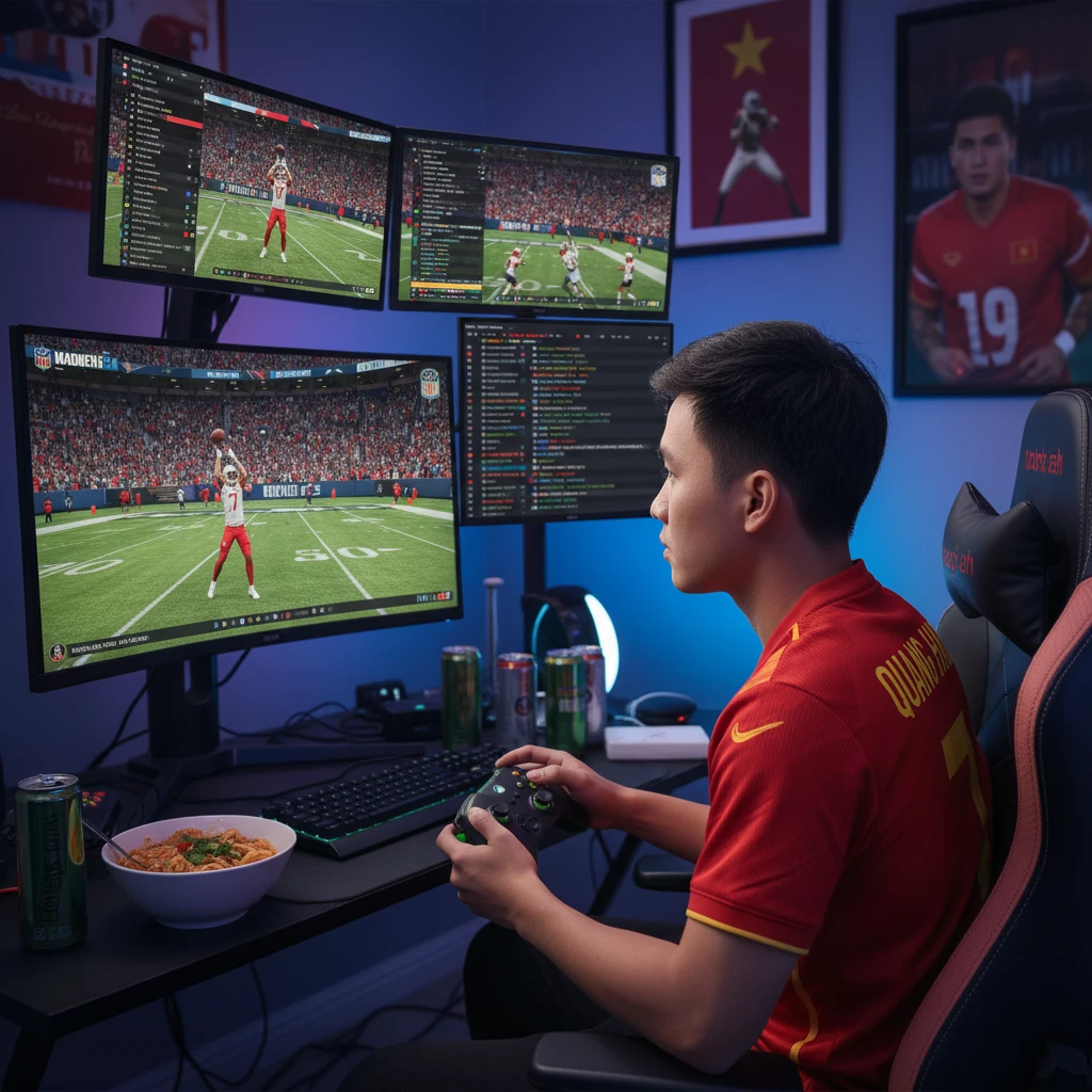 Gamer chơi Madden NFL với áo bóng bầu dục