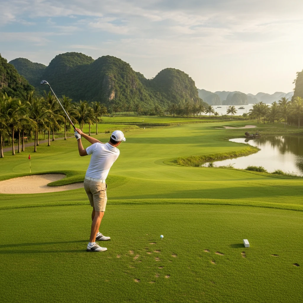 Golfer thực hiện cú đánh chuyên nghiệp trên sân golf