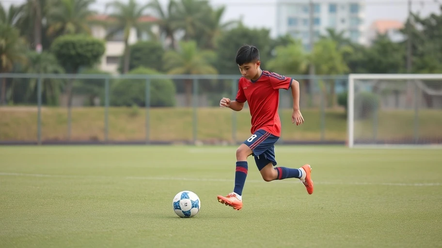 Hình ảnh cầu thủ trẻ đang luyện tập trên sân cỏ