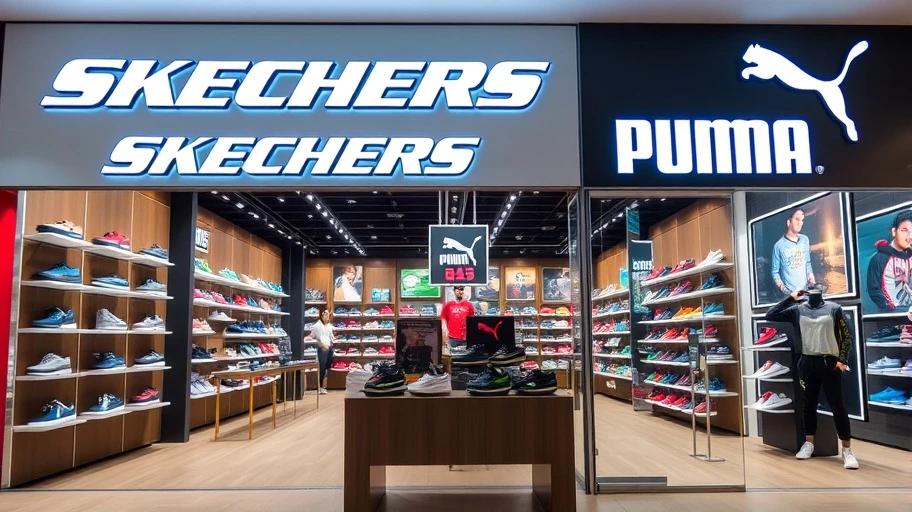 Hình ảnh cửa hàng Skechers và Puma với giày thể thao thoải mái và thời trang.