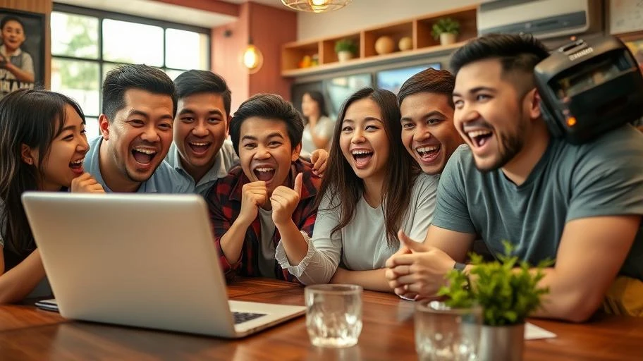 Nhóm bạn xem highlight bóng đá trên máy tính.