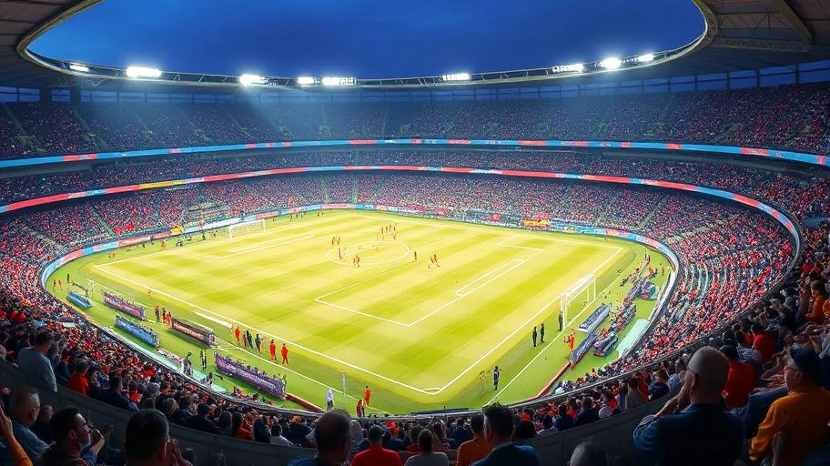 Sân vận động bóng đá sôi động trong một trận đấu.