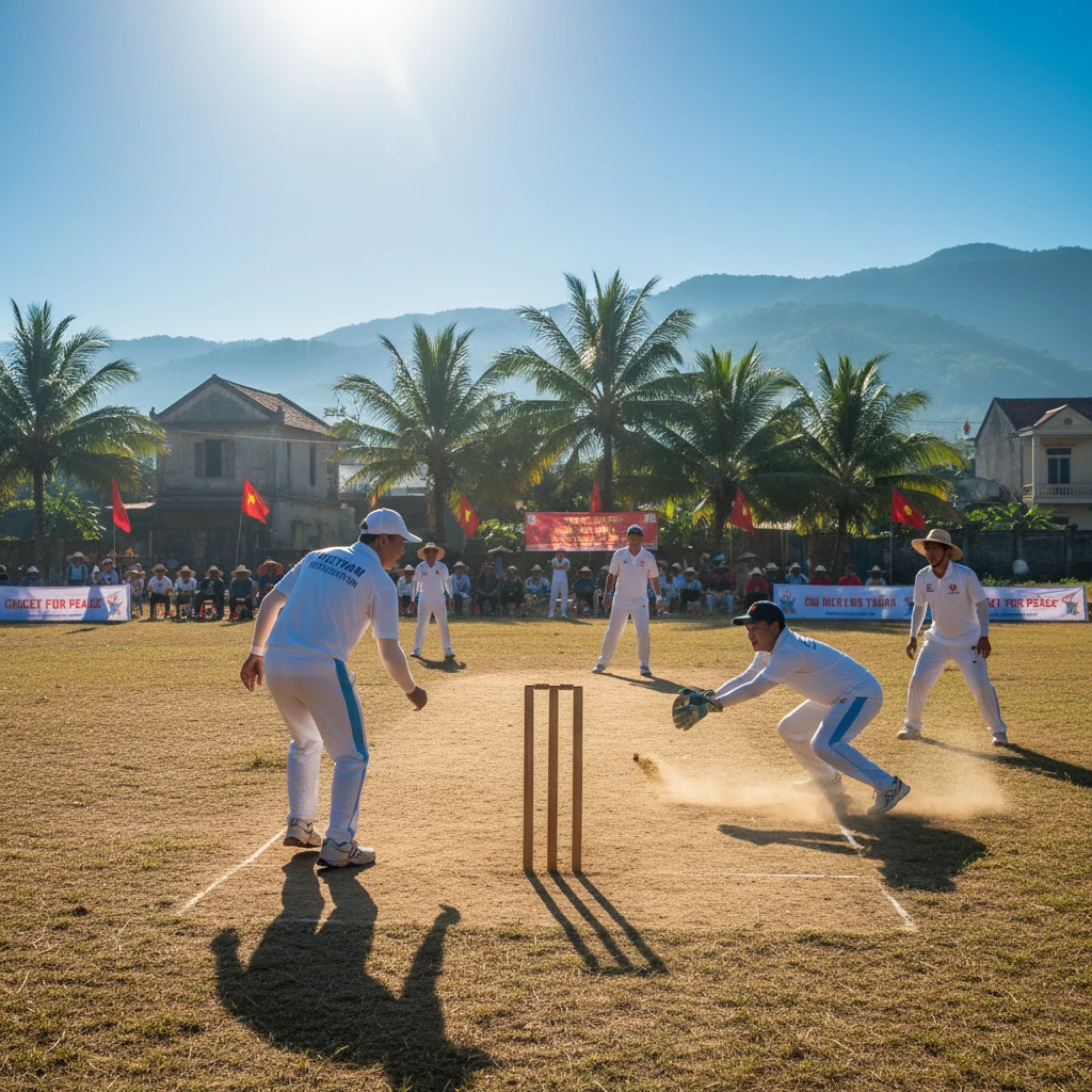Trận đấu cricket với cầu thủ đang thi đấu trên sân cỏ